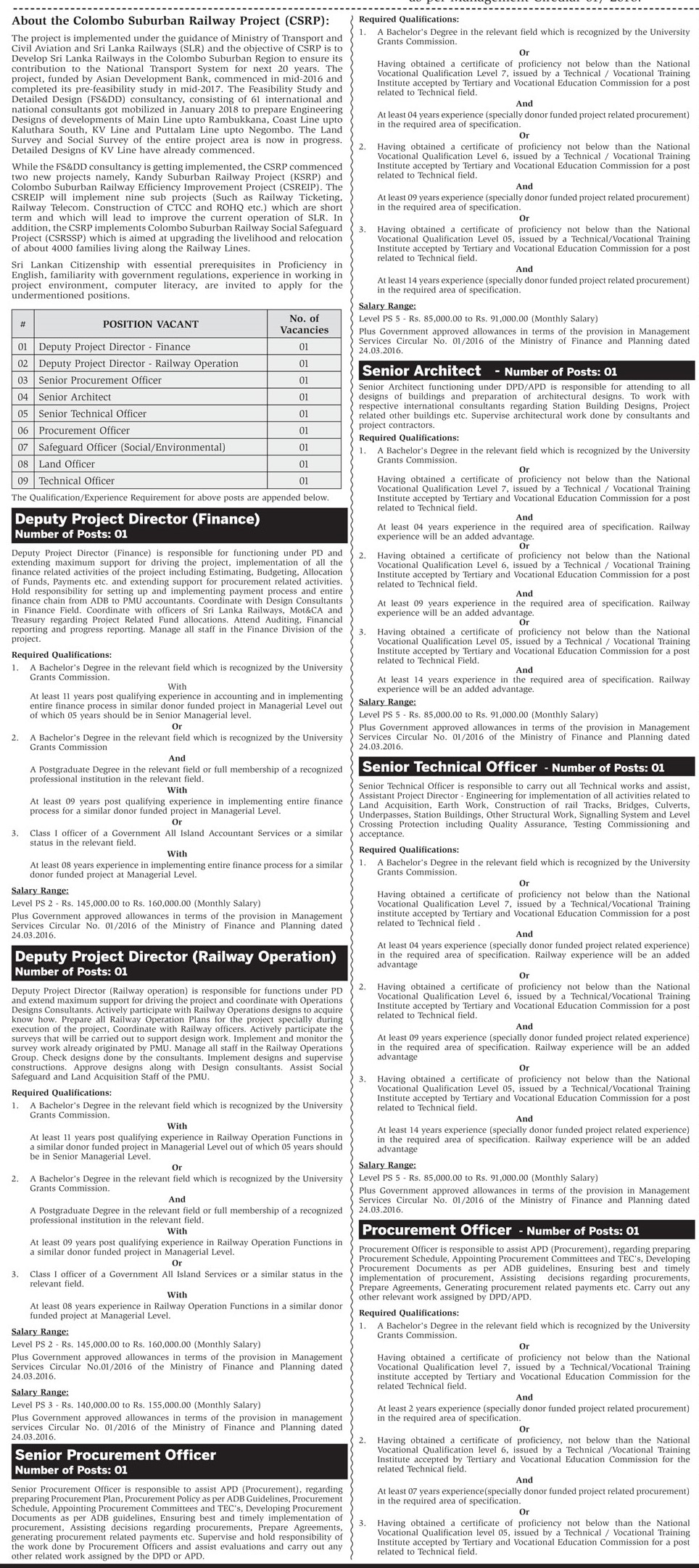 Deputy Project Director, Senior Procurement Officer, Senior Architect, Senior Technical Officer, Procurement Officer, Safeguard Officer, Land Officer, Technical Officer - Ministry of Transport & Civil Aviation